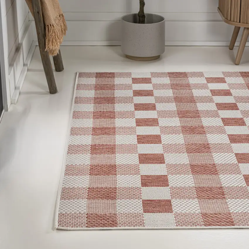 Salmon And Cream Geometric Indoor Outdoor Area Rug Photo 6