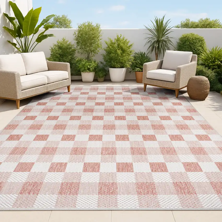 Salmon And Cream Geometric Indoor Outdoor Area Rug Photo 4