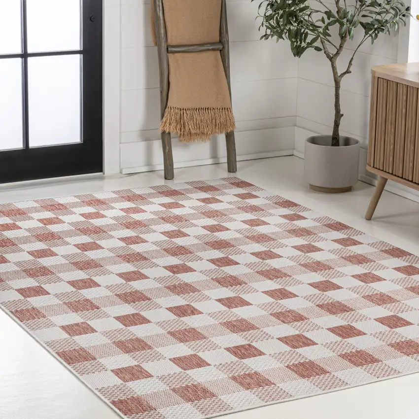 Salmon And Cream Geometric Indoor Outdoor Area Rug Photo 8