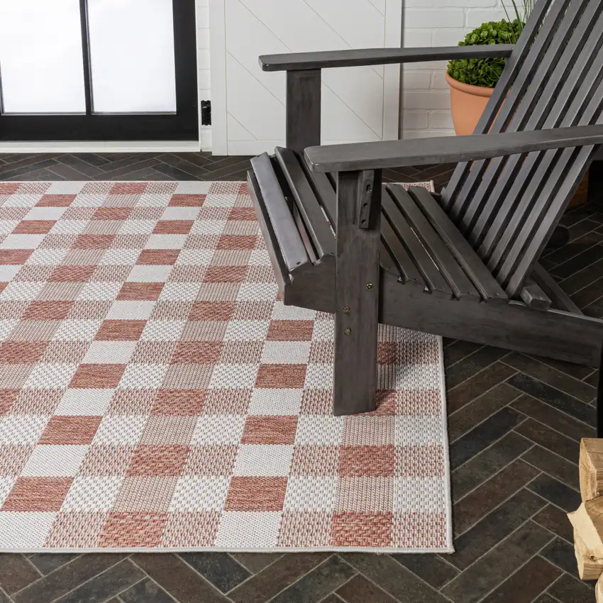 Salmon And Cream Geometric Indoor Outdoor Area Rug Photo 9