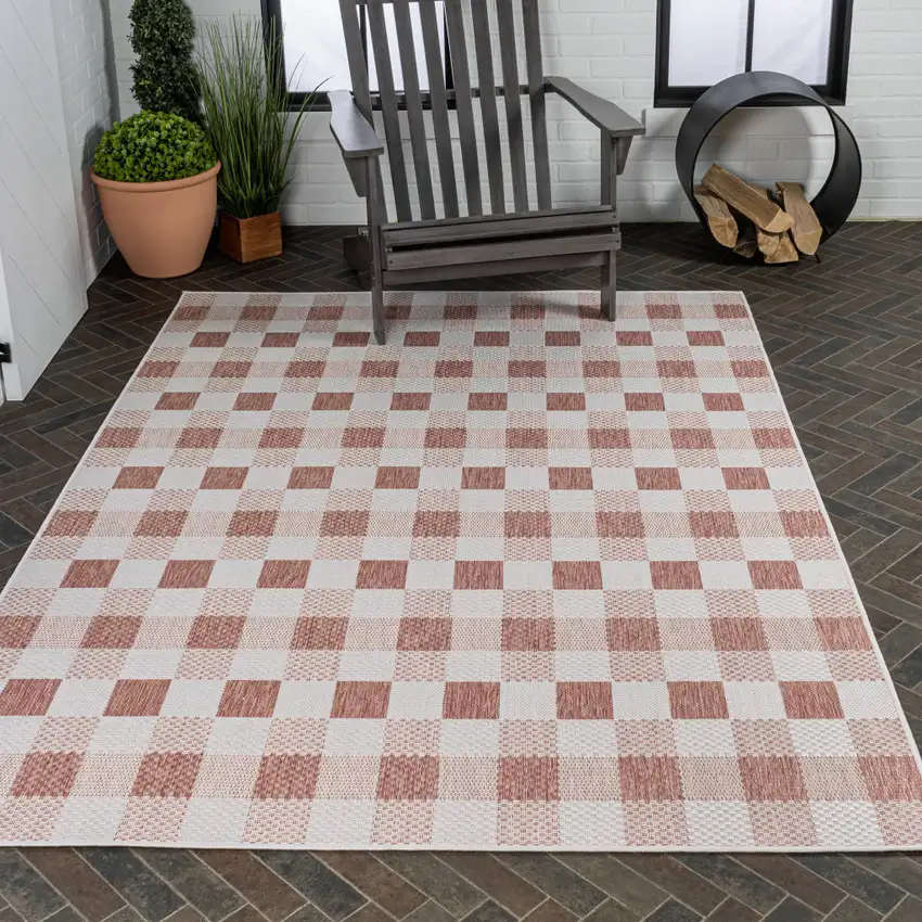 Salmon And Cream Geometric Indoor Outdoor Area Rug Photo 9