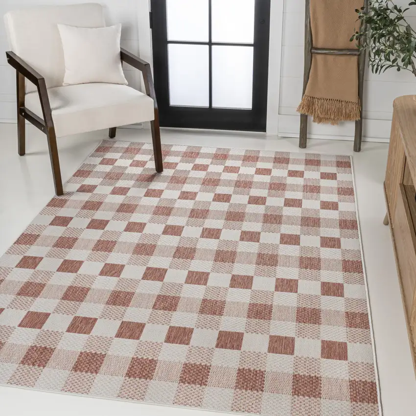 Salmon And Cream Geometric Indoor Outdoor Area Rug Photo 5