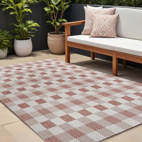 Salmon And Cream Geometric Indoor Outdoor Area Rug Photo 1