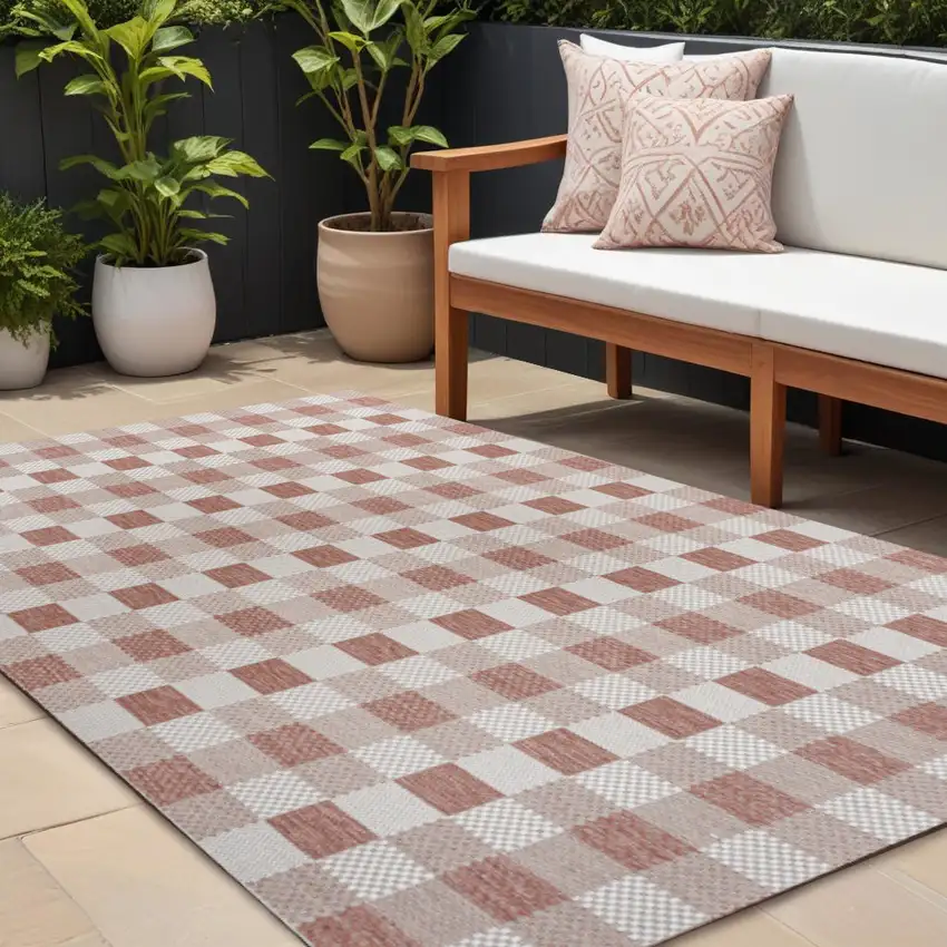 Salmon And Cream Geometric Indoor Outdoor Area Rug Photo 1