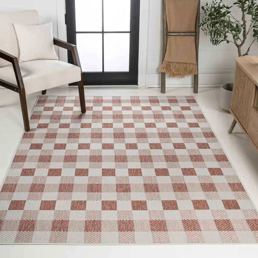 Salmon And Cream Geometric Indoor Outdoor Area Rug Photo 7