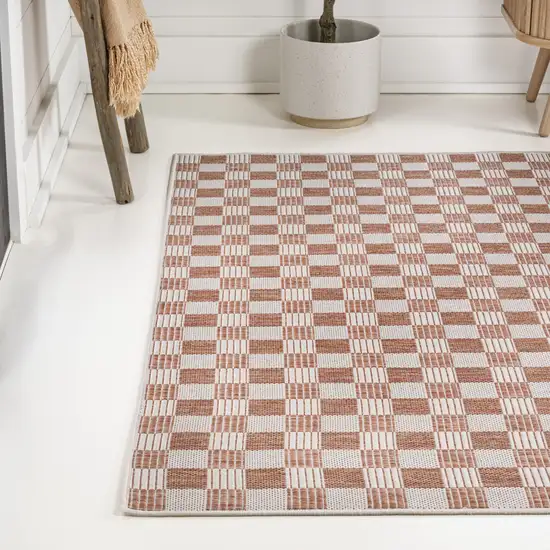 Salmon And Cream Geometric Indoor Outdoor Area Rug Photo 6