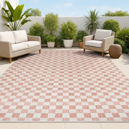 Salmon And Cream Geometric Indoor Outdoor Area Rug Photo 4