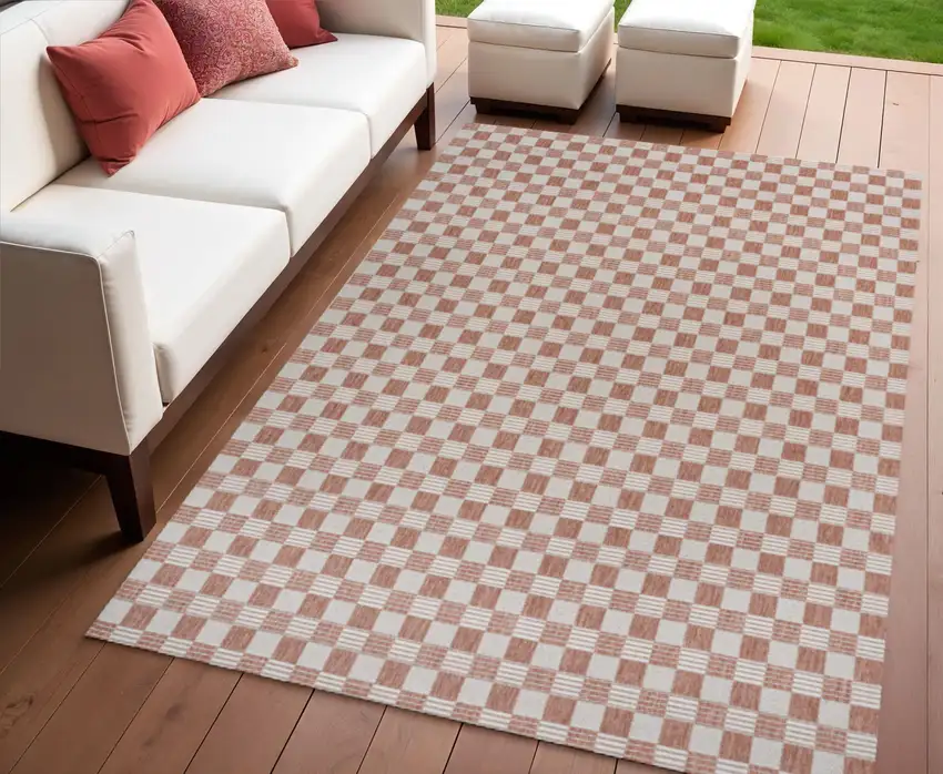 Salmon And Cream Geometric Indoor Outdoor Area Rug Photo 1