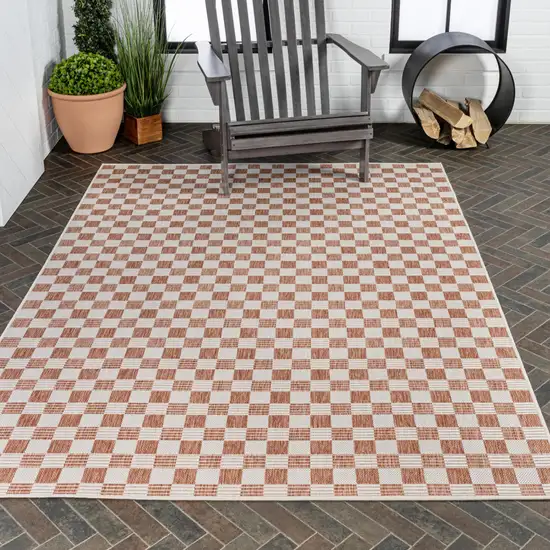 Salmon And Cream Geometric Indoor Outdoor Area Rug Photo 9