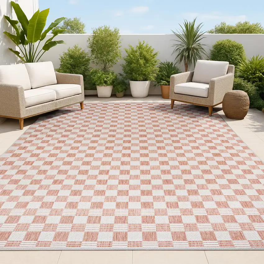 Salmon And Cream Geometric Indoor Outdoor Area Rug Photo 3