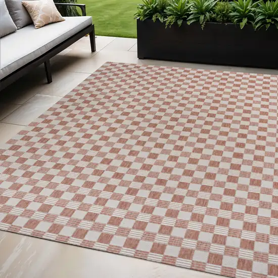 Salmon And Cream Geometric Indoor Outdoor Area Rug Photo 1