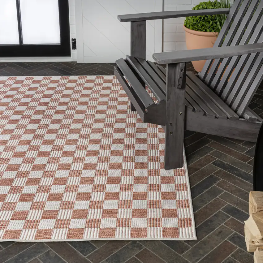 Salmon And Cream Geometric Indoor Outdoor Area Rug Photo 8