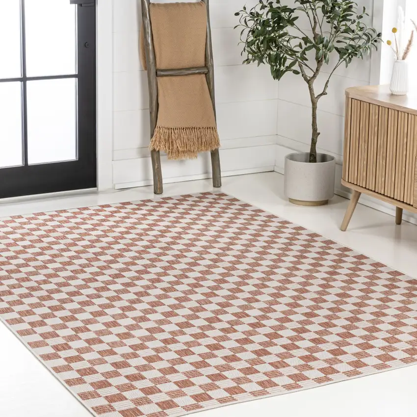 Salmon And Cream Geometric Indoor Outdoor Area Rug Photo 7