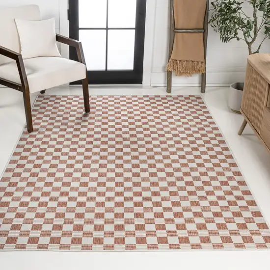 Salmon And Cream Geometric Indoor Outdoor Area Rug Photo 6
