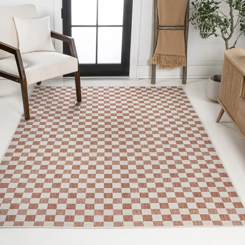 Salmon And Cream Geometric Indoor Outdoor Area Rug Photo 6