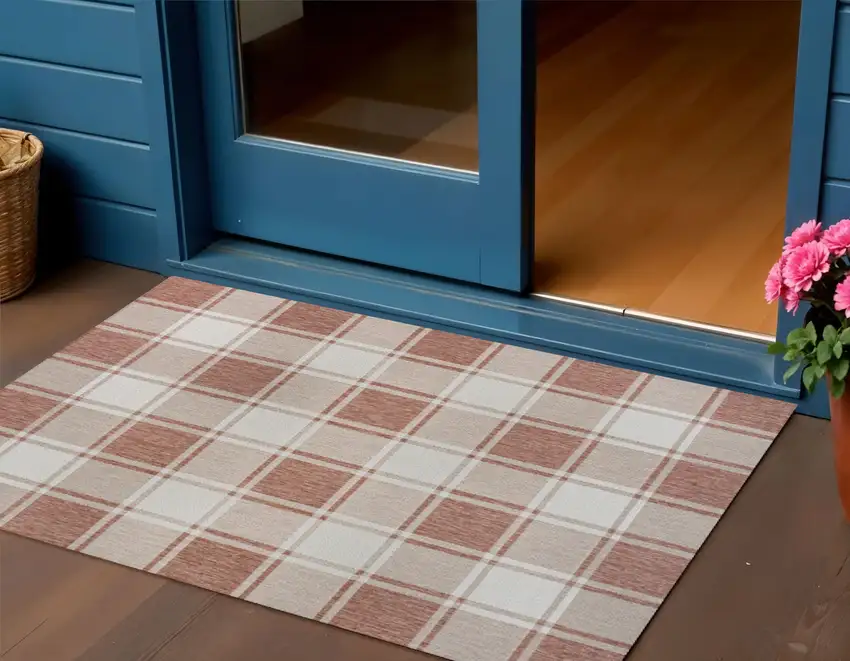 Salmon And Cream Gingham Indoor Outdoor Area Rug Photo 1