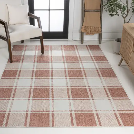 Salmon And Cream Gingham Indoor Outdoor Area Rug Photo 6