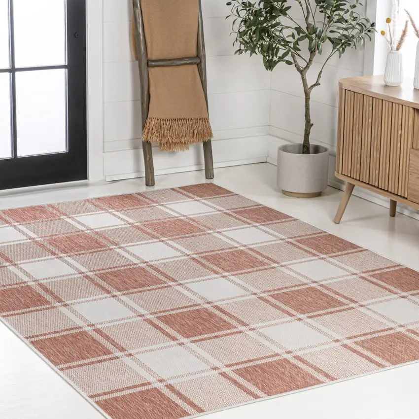 Salmon And Cream Gingham Indoor Outdoor Area Rug Photo 7