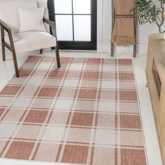 Salmon And Cream Gingham Indoor Outdoor Area Rug Photo 4