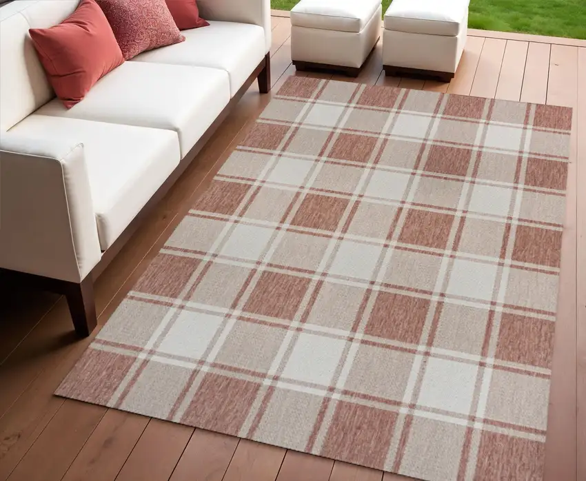 Salmon And Cream Gingham Indoor Outdoor Area Rug Photo 1