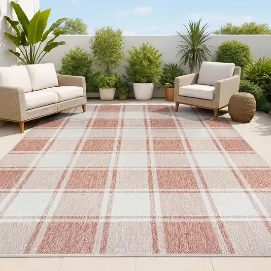 Salmon And Cream Gingham Indoor Outdoor Area Rug Photo 2