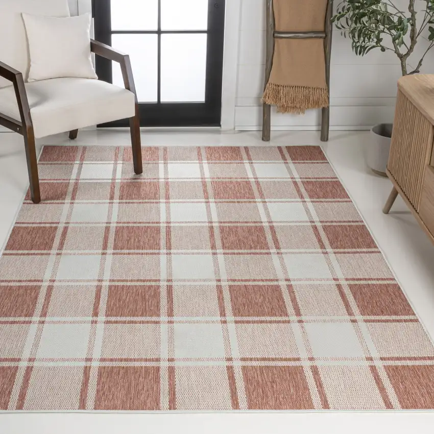 Salmon And Cream Gingham Indoor Outdoor Area Rug Photo 5