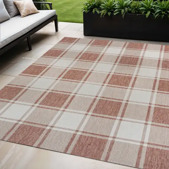 Salmon And Cream Gingham Indoor Outdoor Area Rug Photo 1