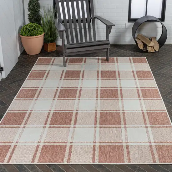 Salmon And Cream Gingham Indoor Outdoor Area Rug Photo 8
