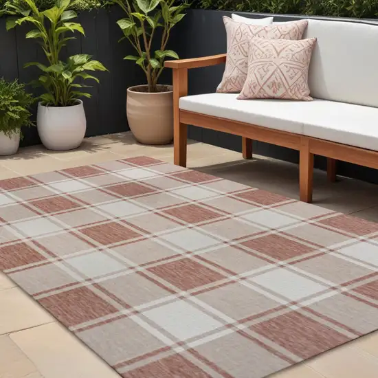 Salmon And Cream Gingham Indoor Outdoor Area Rug Photo 1