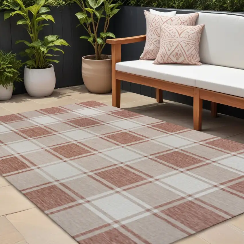 Salmon And Cream Gingham Indoor Outdoor Area Rug Photo 1