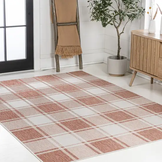 Salmon And Cream Gingham Indoor Outdoor Area Rug Photo 7