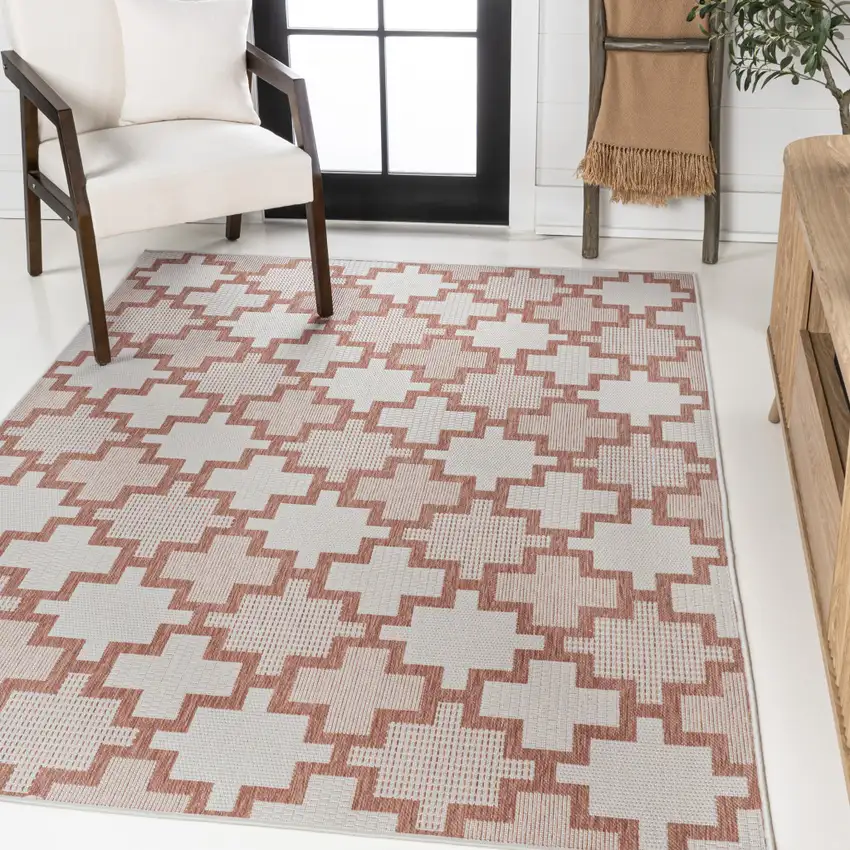 Salmon And Cream Trellis Indoor Outdoor Area Rug Photo 5