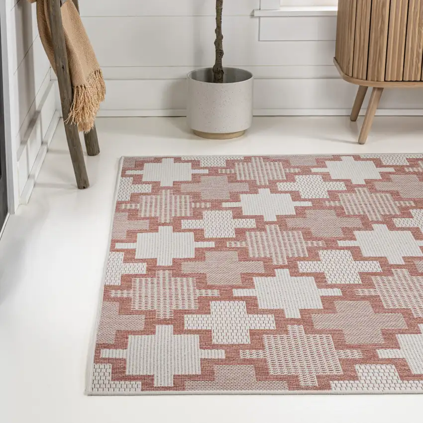 Salmon And Cream Trellis Indoor Outdoor Area Rug Photo 6