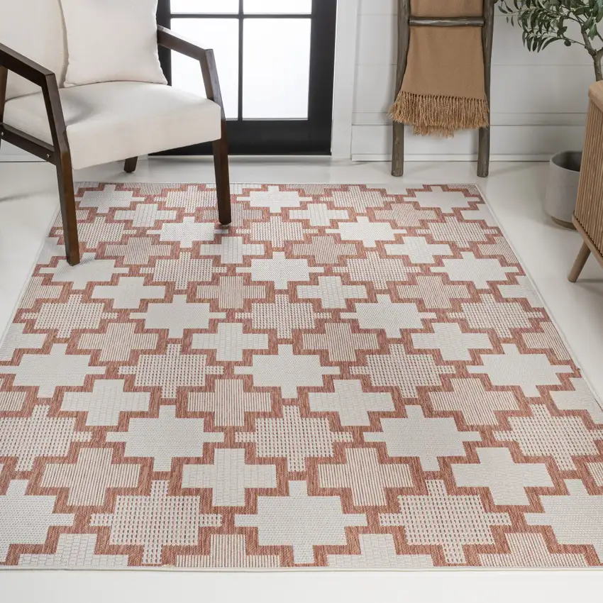 Salmon And Cream Trellis Indoor Outdoor Area Rug Photo 7