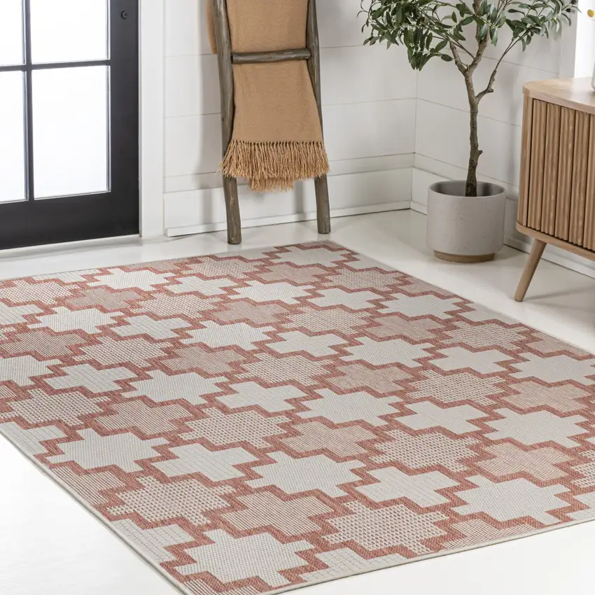 Salmon And Cream Trellis Indoor Outdoor Area Rug Photo 8