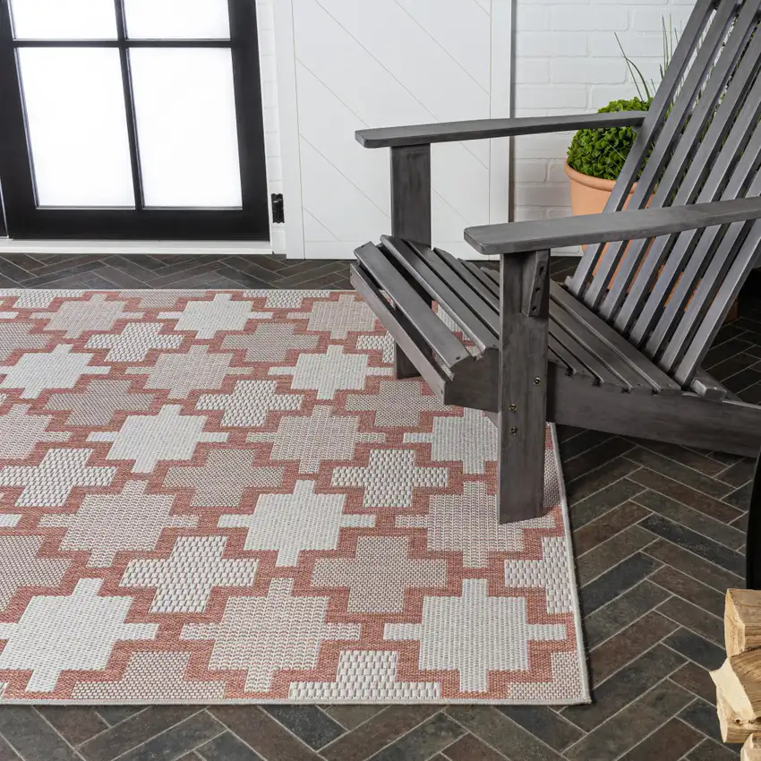 Salmon And Cream Trellis Indoor Outdoor Area Rug Photo 9