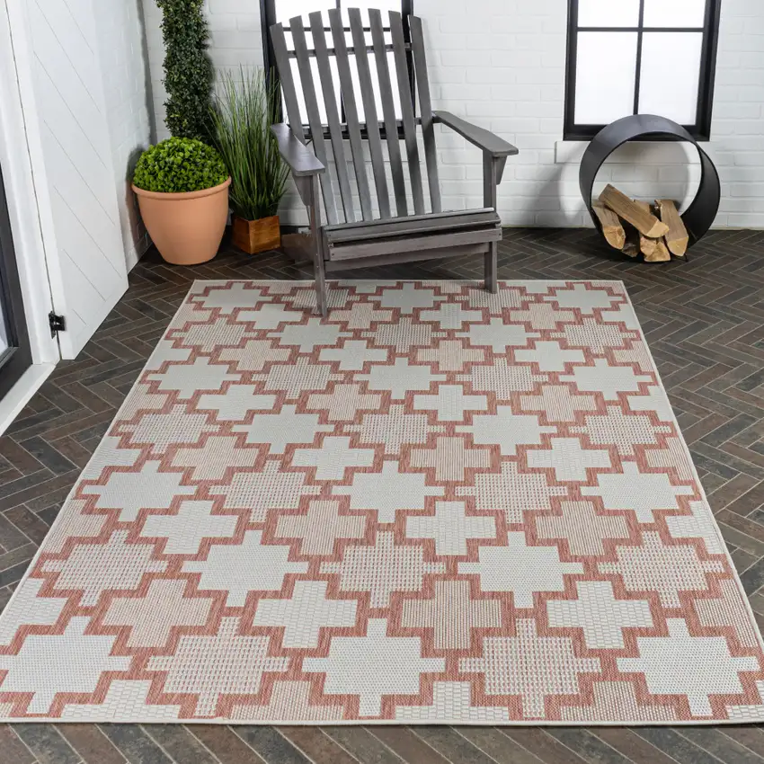 Salmon And Cream Trellis Indoor Outdoor Area Rug Photo 9