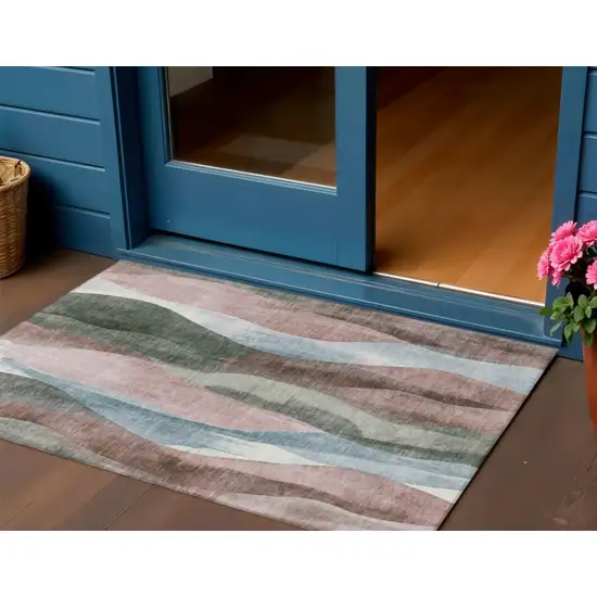 Salmon And Denim Blue Abstract Washable Indoor Outdoor Area Rug Photo 2