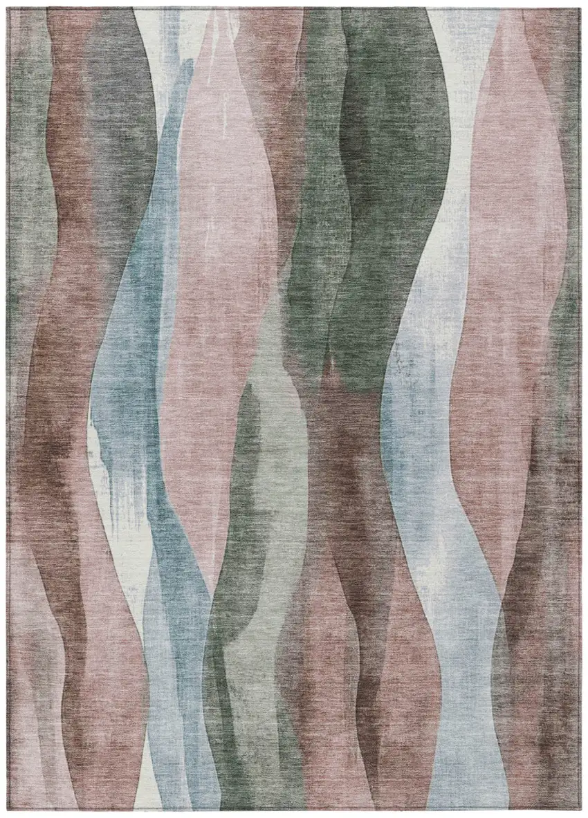 Salmon And Denim Blue Abstract Washable Indoor Outdoor Area Rug Photo 7