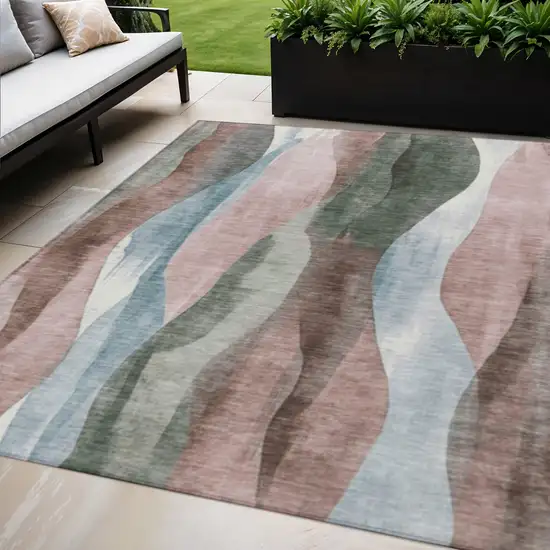 Salmon And Denim Blue Abstract Washable Indoor Outdoor Area Rug Photo 2