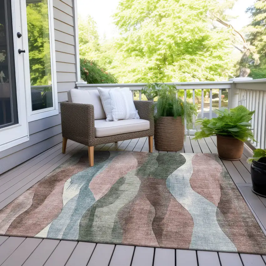 Salmon And Denim Blue Abstract Washable Indoor Outdoor Area Rug Photo 6