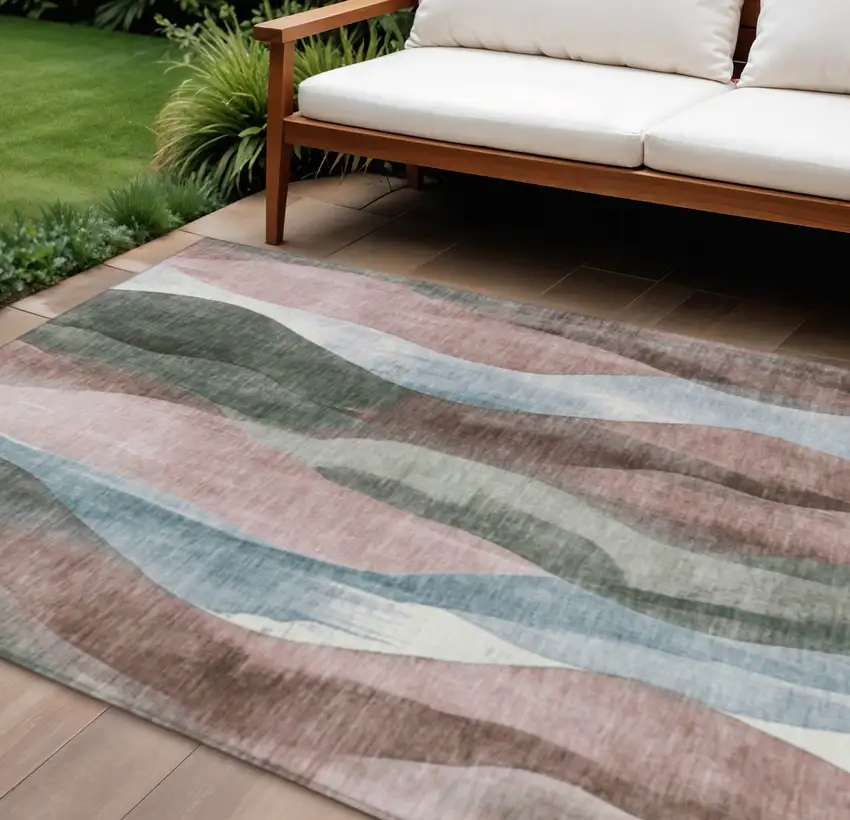 Salmon And Denim Blue Abstract Washable Indoor Outdoor Area Rug Photo 2