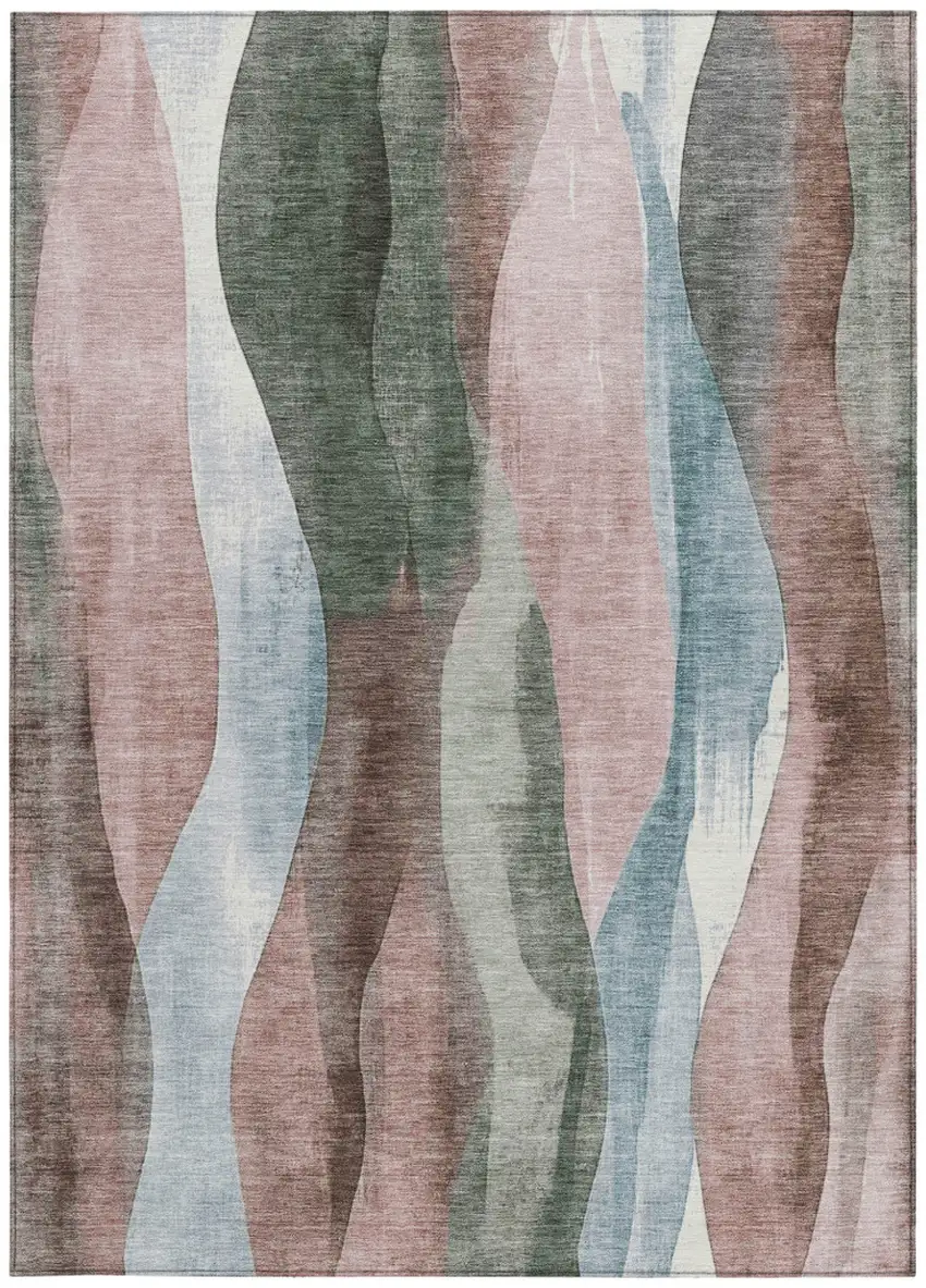 Salmon And Denim Blue Abstract Washable Indoor Outdoor Area Rug Photo 9