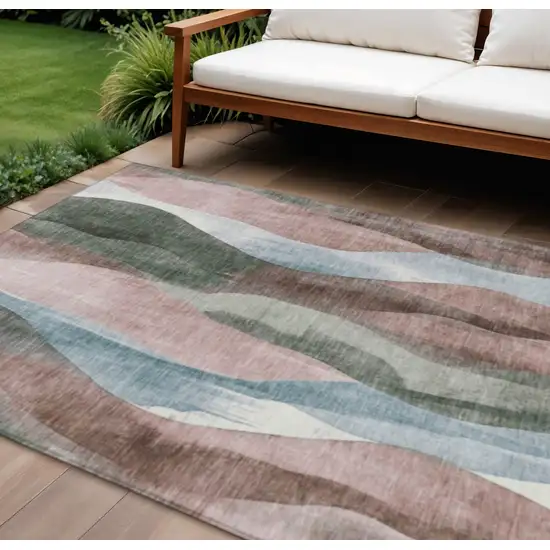 Salmon And Denim Blue Abstract Washable Indoor Outdoor Area Rug Photo 2