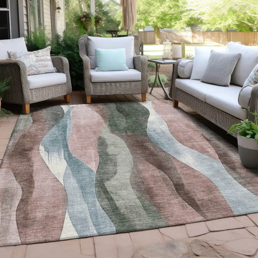 Salmon And Denim Blue Abstract Washable Indoor Outdoor Area Rug Photo 4