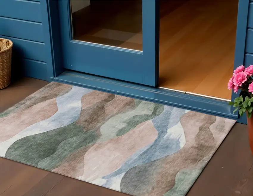 Salmon And Emerald Abstract Washable Indoor Outdoor Area Rug Photo 2