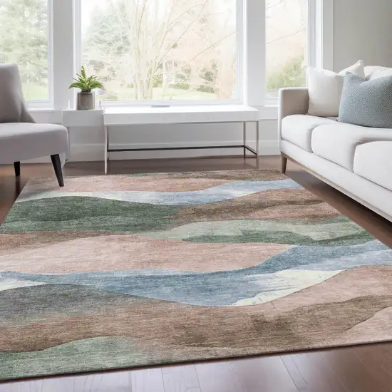 Salmon And Emerald Abstract Washable Indoor Outdoor Area Rug Photo 5