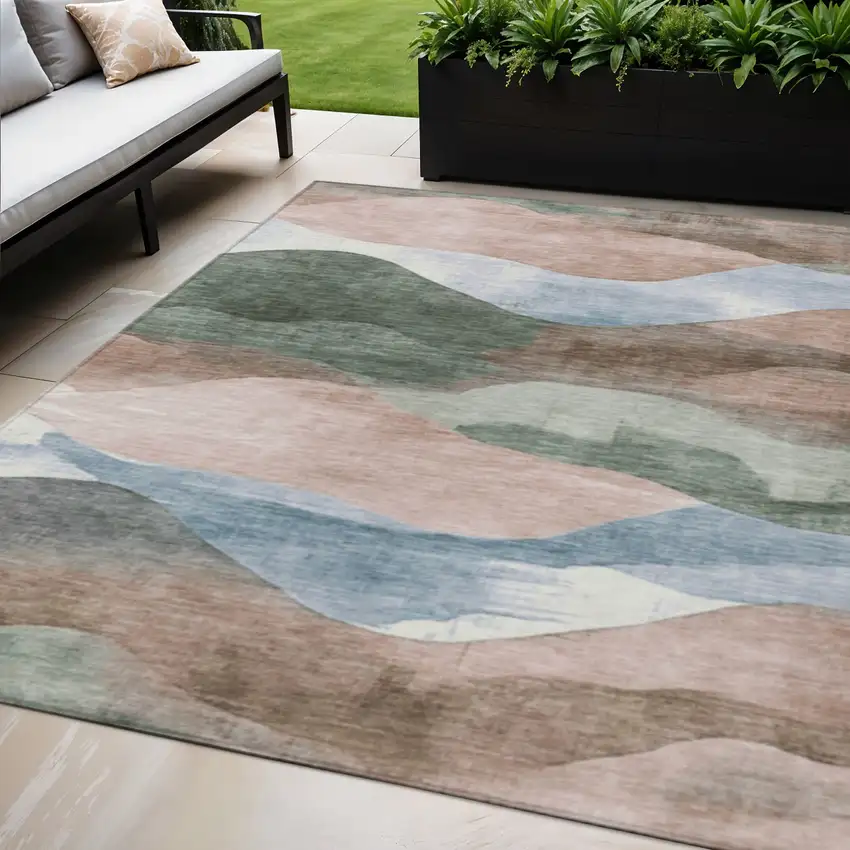 Salmon And Emerald Abstract Washable Indoor Outdoor Area Rug Photo 2