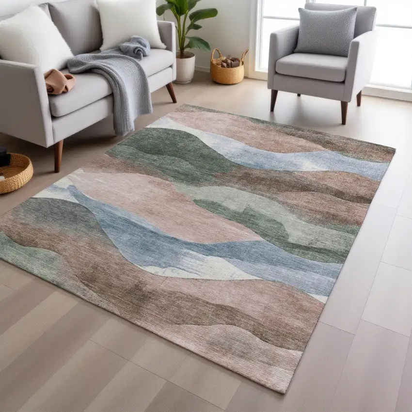 Salmon And Emerald Abstract Washable Indoor Outdoor Area Rug Photo 4