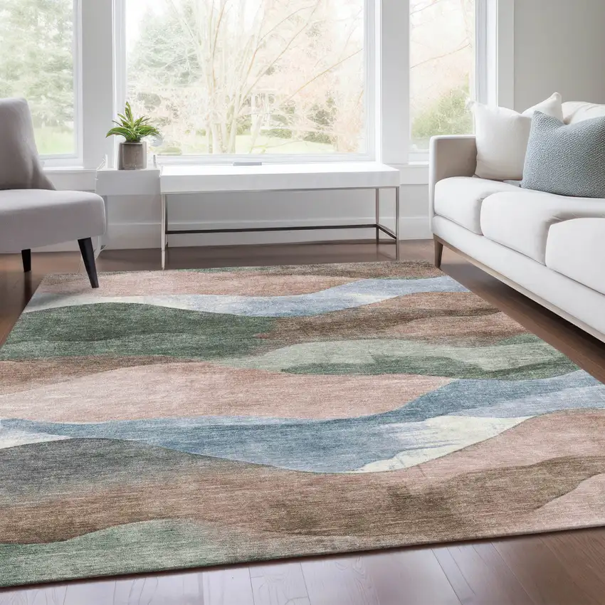 Salmon And Emerald Abstract Washable Indoor Outdoor Area Rug Photo 5